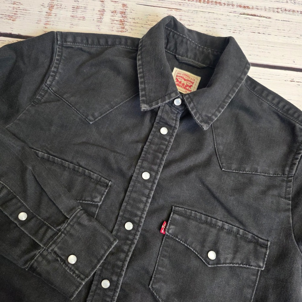 Levis Womens Western Black Denim Pearl Snap Front Shirt 86832-0006 Small Stretch